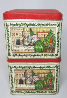 Vintage GNOME Christmas Tins Potpourri Press Unieboek 1980 Winter Red/Multi